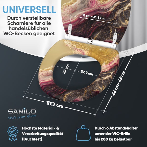 Sanilo WC-Sitz mit verstellbaren Scharnieren und Marmor-Optik. Inklusive Maßangaben und Hinweis auf Belastbarkeit bis 200 Kilogramm.