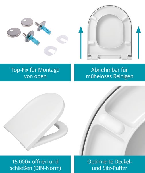 Funktionen eines WC Sitzes mit Top-Fix Montage, Abnehmbarkeit zur Reinigung, Langlebigkeit nach DIN Norm und optimierten Sitz- und Deckelpuffern.
