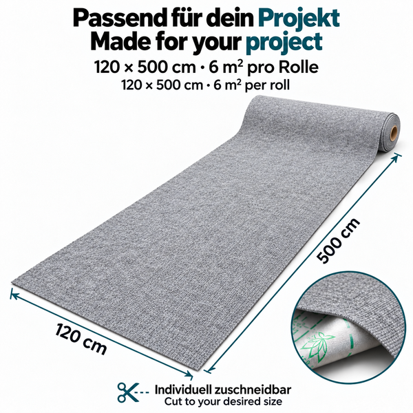 Teppichbodenrolle mit Struktur in 120 x 500 cm zur individuellen Zuschneidung.