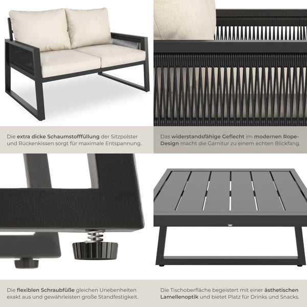 Details eines Garten-Lounge-Sets mit gepolstertem Zweisitzer-Sofa, Seilgeflecht, höhenverstellbaren Schraubfüßen und Tisch mit Lamellenoptik.