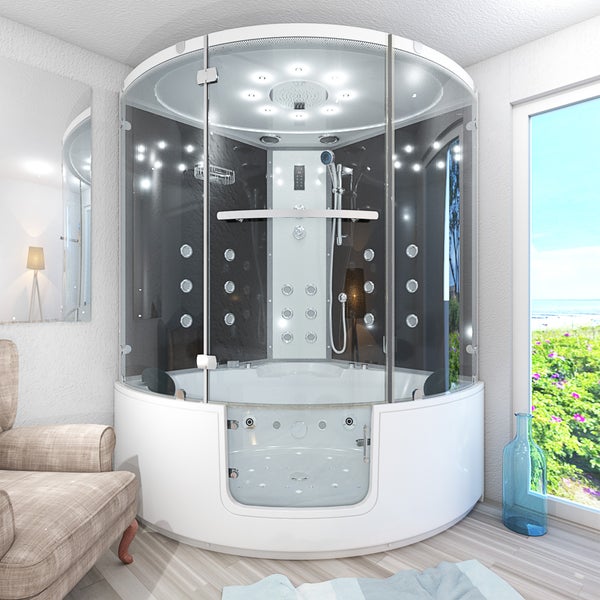 Kreisförmige Dusch-Whirlpool-Kombination aus Glas und Sanitäracryl in einem hellen Raum mit Deckenbeleuchtung und Massagedüsen.