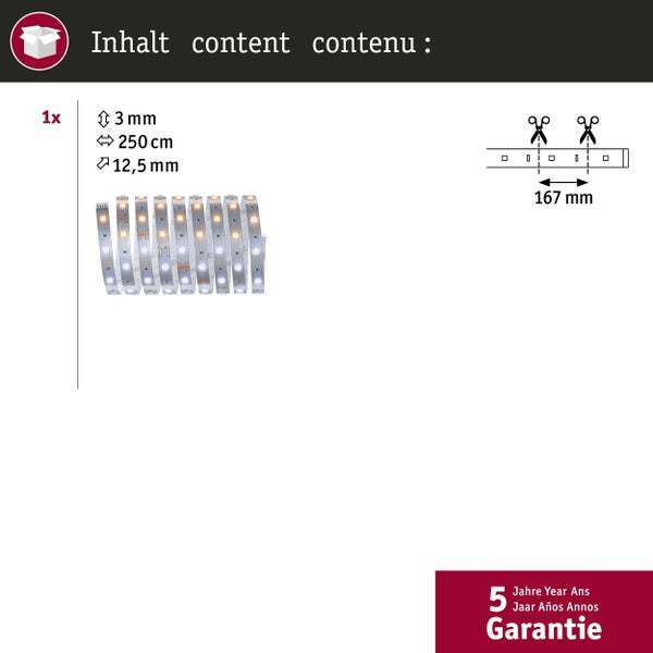 Inhalt: ein LED-Streifen, Länge 250 Zentimeter, Breite 12,5 Millimeter, Höhe 3 Millimeter. Kürzbar alle 167 Millimeter. 5 Jahre Garantie.