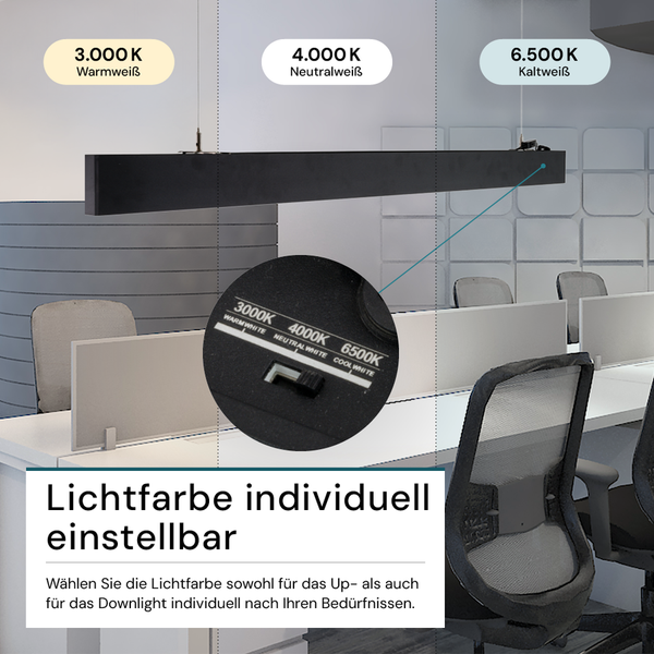LUXULA LED Büroleuchte 120cm Tresenleuchte Schwarz Up&Down Light Hängeleuchte UGR<19 CCT Pendelleuchte erweiterbar Warm-Kaltweiß