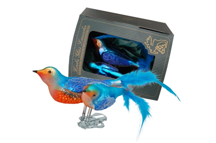 Multicolor 9cm Doppelvögel aus Glas - Eisvögel - auf Clip mit 7cm Federschwanz mundgeblasen und aufwendig handdekoriert, 1 Stck.