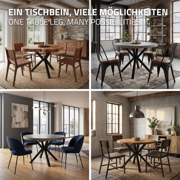 Vier verschiedene Esszimmer mit runden Esstischen auf einem zentralen Metalltischbein im modernen und rustikalen Einrichtungsstil.