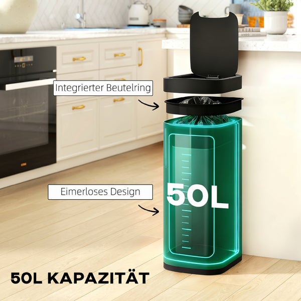 Abfallbehälter mit 50 Liter Volumen, eimerloses Design mit integriertem Beutelring für die Küche.