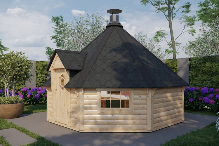 Gartenhaus mit Holzfassade und schwarzem Dach im Garten