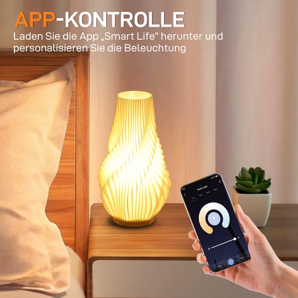Dekorative Lampe mit App Steuerung auf einem Nachttisch