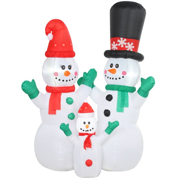 Aufblasbare Schneemann-Familie mit LED-Beleuchtung, drei Figuren mit Hüten und Schals für die Weihnachtsdekoration im Außenbereich.
