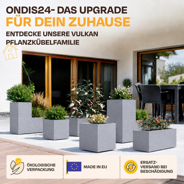 Ondis24 Logo. Vulkan Pflanzkübel auf einer modernen Terrasse. Ökologische Verpackung, hergestellt in der Europäischen Union, Ersatzversand.