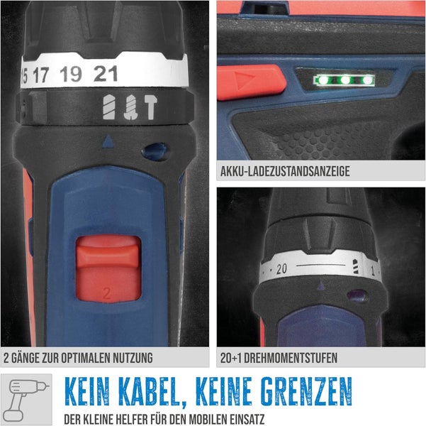 Akku-Bohrschrauber Details mit zwei Gängen, Akku-Ladezustandsanzeige und 20 plus 1 Drehmomentstufen.