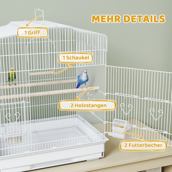 Weißer Vogelkäfig für Wellensittiche mit einem Griff, einer Schaukel, zwei Holzstangen und zwei Futterbechern.