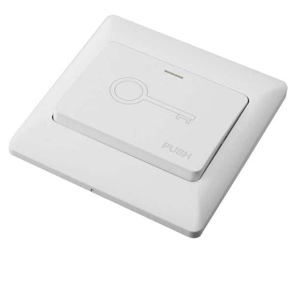Weißer Taster mit Schlüsselsymbol und dem Schriftzug PUSH für die Unterputzmontage.