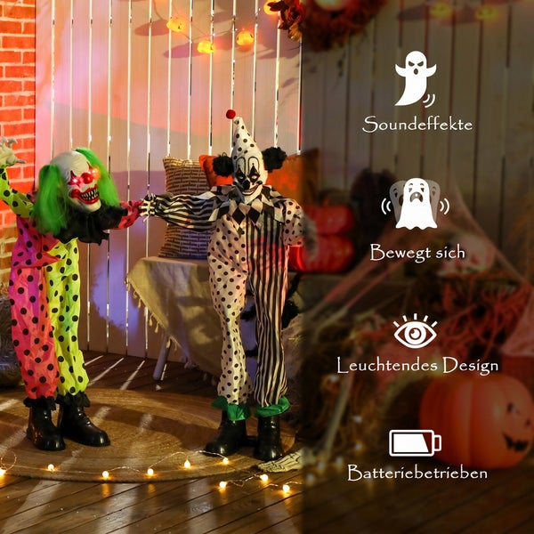 Zwei Halloween Gruselclowns als animierte Dekoration mit Soundeffekten, Bewegung, Leuchteffekten und Batteriebetrieb für eine schaurige Kulisse.