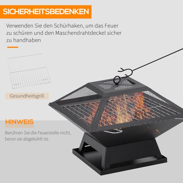 Outsunny Feuerschale mit Funkenschutz, Grillrost, Schürhaken, für Garten, Camping BBQ, 45 x 45 x 34 cm, Stahl, Schwarz