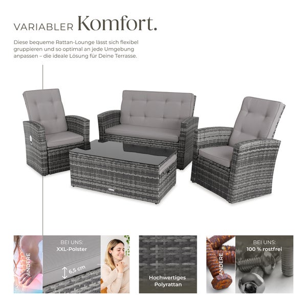 Rattan Lounge tectake Bari mit Sicherheitsglasplatte und Schraubfüßen mit Aluminiumgestell grau
