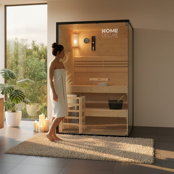 Moderne Home Deluxe Sauna aus Holz mit Glaselementen in einem hellen Raum, eine Frau in einem Handtuch steht davor.