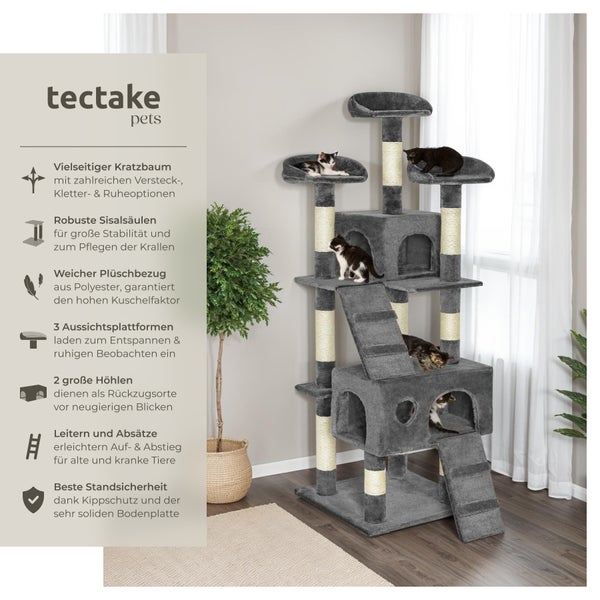 Kratzbaum tectake Mogli inklusive 2 Treppen und Kippschutz 170 cm grau