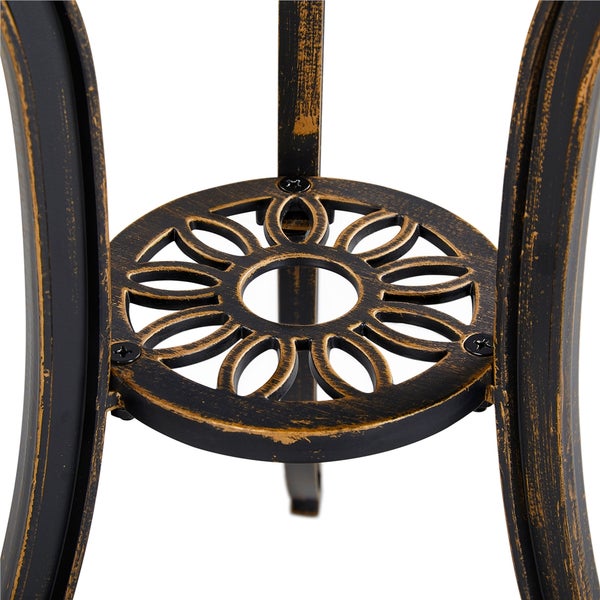 Detailansicht eines Tischgestells mit dekorativem, kreisförmigem Element