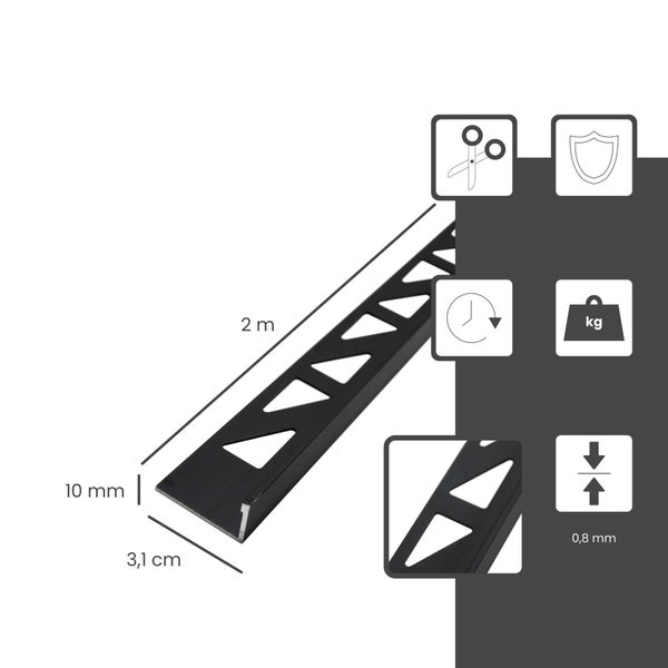 Fliesenschiene L-Profil, Höhe 10 Millimeter, Länge 2 Meter, Breite 3,1 Zentimeter, Materialstärke 0,8 Millimeter, zuschneidbar und belastbar.