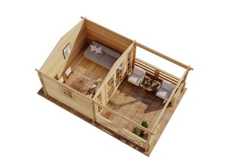 Draufsicht eines Holzgartenhauses mit Terrasse, Möbeln und Fenstern