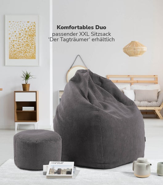 mokebo Pouf oder Sitzhocker aus Cord 'Der Faule Lenz', Fußhocker in Anthrazit mit EPS-Perlen Füllung