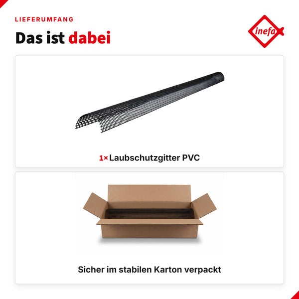 Lieferumfang eines Laubschutzgitters aus Polyvinylchlorid in einem stabilen Karton mit Inefa Logo.