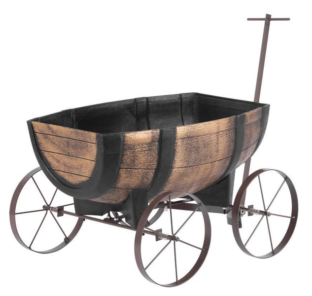 PROREGAL Pflanzenwagen Whiskyfass Maße 41x29x19 cm in Holzoptik auf Rädern für Innen- & Außen, Gartendeko