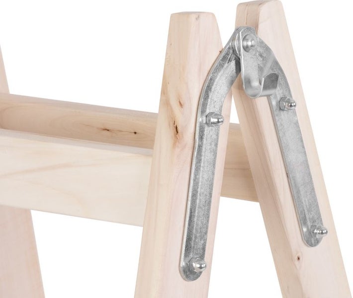Detailansicht eines Holzbocks mit Scharnier aus verzinktem Stahl und Haken.