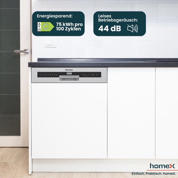 Freistehender Geschirrspüler von HomeX mit Energieeffizienzklasse C und einem Geräuschpegel von 44 Dezibel.