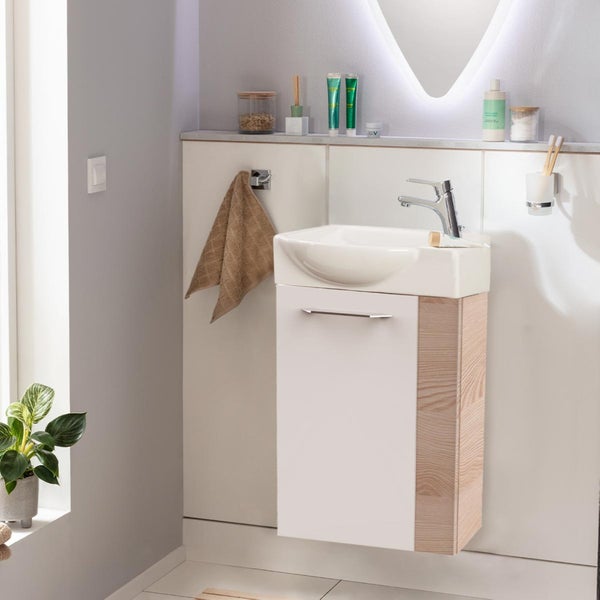 Fackelmann B.CLEVER Gäste-WC Set 2 Teile – Waschtischunterschrank in Weiß mit Holz Braun mit Waschbecken aus Keramik – SBC Waschbeckenunterschrank schmal – Tür links – Hahnloch rechts – 45 cm breit