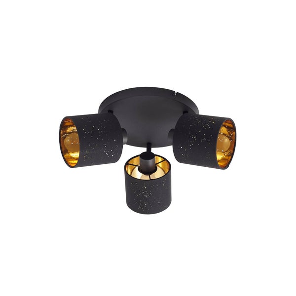 Dreiflammige Deckenleuchte in Schwarz mit verstellbaren Strahlern, dekorativem Sternen-Lochmuster und goldfarbenem Inneren.