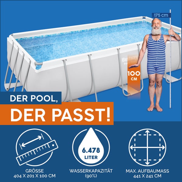 Bestway Power Steel Pool, 404 mal 201 mal 100 Zentimeter, 6478 Liter Kapazität, Aufbaumaß 441 mal 241 Zentimeter.