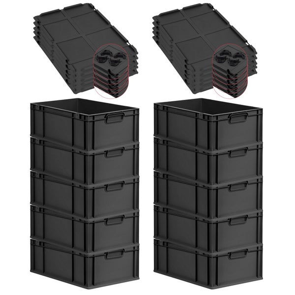 PROREGAL SparSet 10x Eurobox NextGen Grip mit Auflagedeckel inkl. 4 schwarzen Schiebeschnappverschlüssen, HxBxT 22x40x60cm, 44 Liter, Schwarz, Griffe geschlossen, Verstärkter Boden, Eurobehälter, Transportbox, Transportbehälter, Stapelbehälter