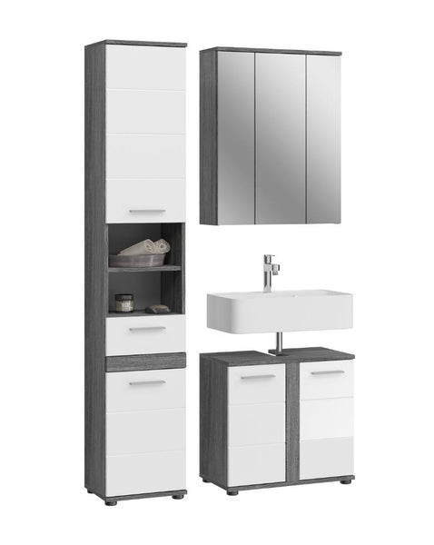 Badezimmermöbel-Set in Grau und Weiß bestehend aus Hochschrank, Spiegelschrank, Waschbecken und Unterschrank.