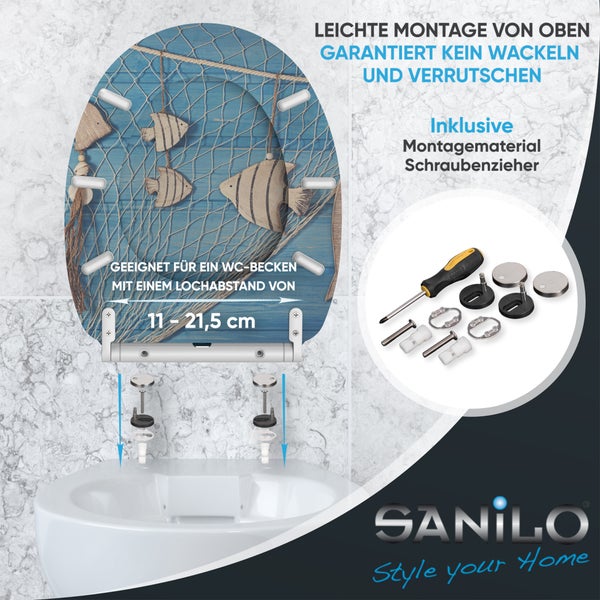 Sanilo WC-Sitz mit maritimem Motiv und Montageanleitung für einfache Befestigung von oben, inklusive Montagematerial und Schraubendreher.