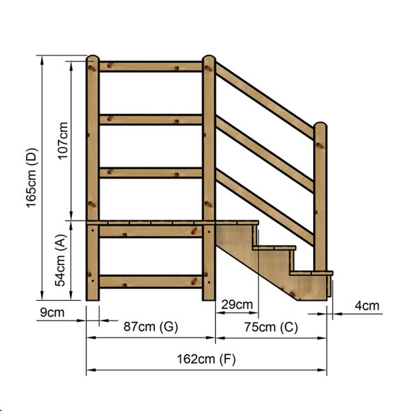 Technische Zeichnung einer Holztreppe mit den Maßen 165 cm Höhe, 162 cm Breite und 75 cm Tiefe