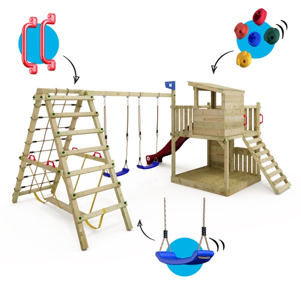 WICKEY Spielturm Klettergerüst Smart Nest mit Schaukel und Rutsche, Sandkasten, Surfswing mit Kletteranbau, Kletterwand und Spiel-Zubehör – rot