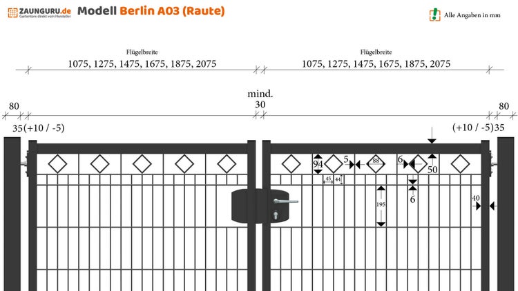 Gartentor ZAUNGURU BASIC-Line Berlin Raute aus Metall, Höhe: 163cm, Breite: 321cm, 2-flügelig inkl. Pfosten, Schloss und Zubehör, Feuerverzinkt und in RAL 7016 Anthrazitgrau pulverbeschichtet