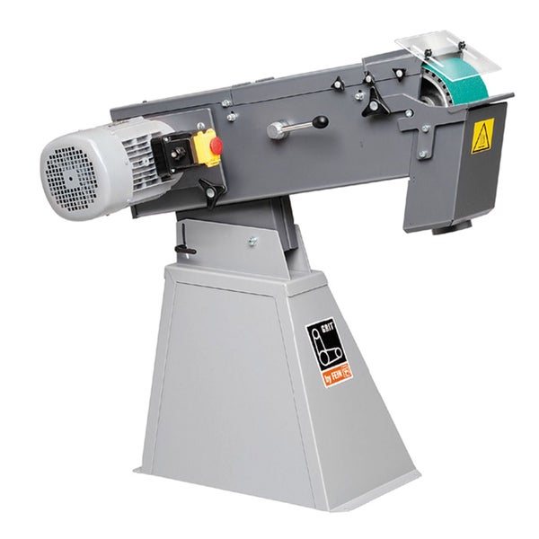 Stationärer Bandschleifer GRIT by FEIN auf Standfuß mit Elektromotor und grünem Schleifband.