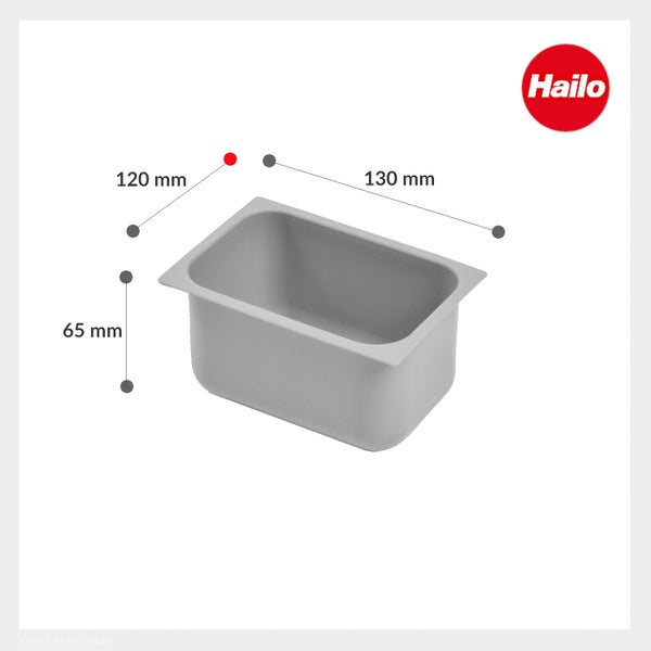 Hailo Logo. Grauer Kunststoffbehälter, Abmessungen 130 mal 120 mal 65 Millimeter.