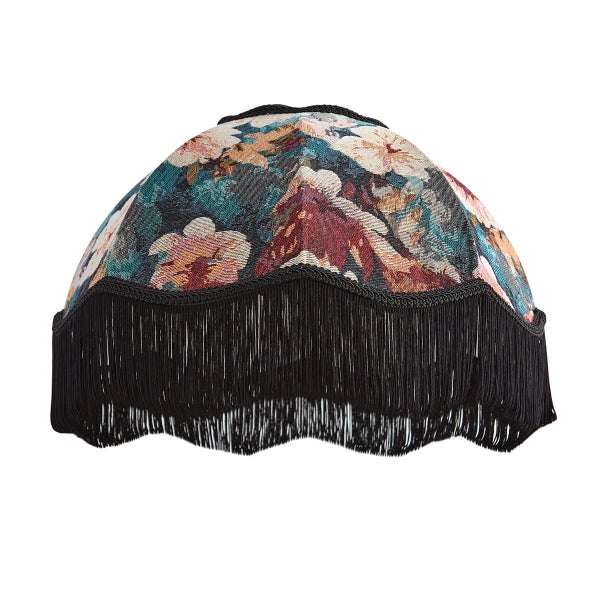 Klassischer Lampenschirm mit gewebtem Blumenmuster und schwarzen Fransen