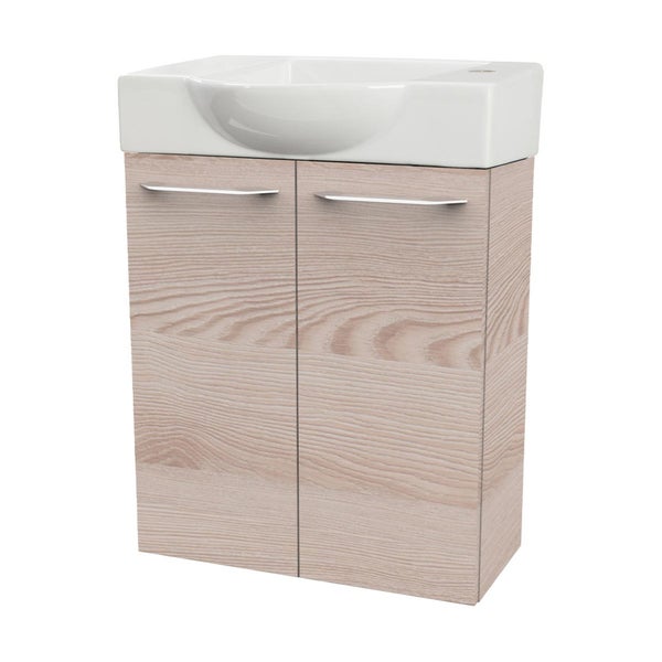Fackelmann B.CLEVER Gäste-WC Set 2 Teile – Waschtischunterschrank in Holz Braun mit Waschbecken aus Keramik – SBC Waschbeckenunterschrank schmal – 2 Türen – Hahnloch rechts – 55 cm breit