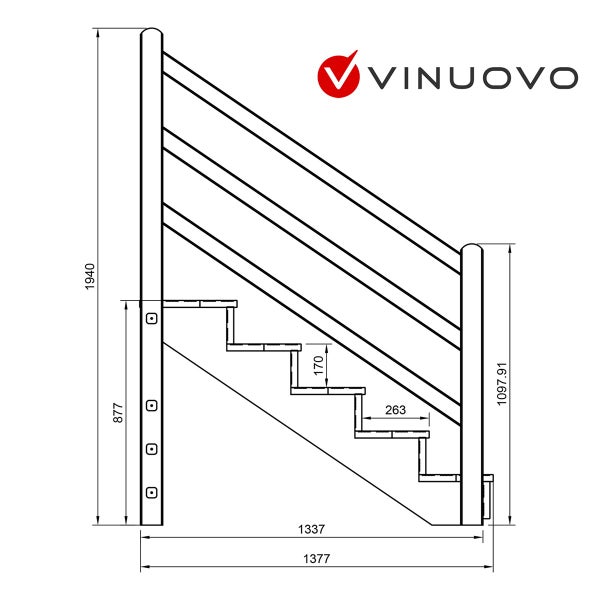 Skizze einer Treppe mit Maßen und Vinuovo Logo