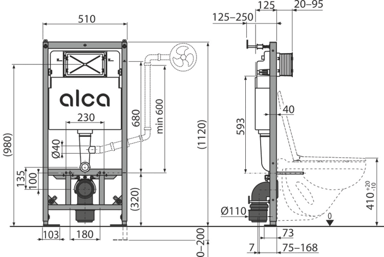 Technische Zeichnung eines WC-Vorwandelements mit Maßen in Millimeter. Frontansicht und Seitenansicht des Installationsrahmens mit Alca Logo.