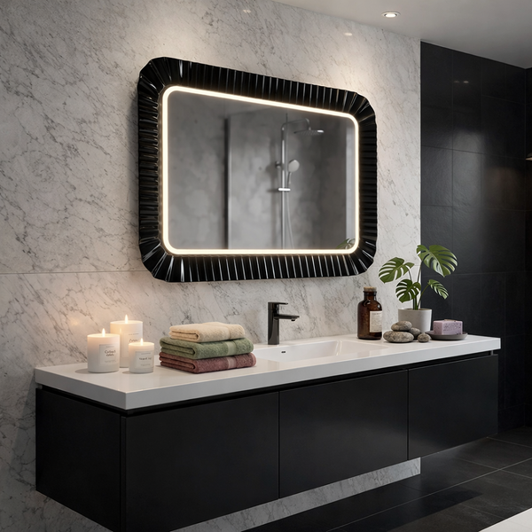 Modernes Badezimmer mit schwarzem Waschtisch, weißem Waschbecken und rechteckigem Spiegel mit schwarzem Faltenrahmen und LED-Beleuchtung.