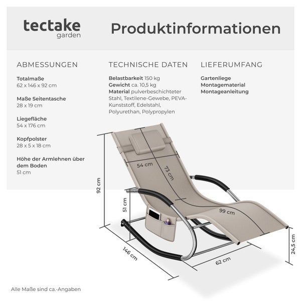 Technische Zeichnung einer Tectake Garten Schaukelliege mit Maßangaben, Materialinformationen und Lieferumfang.