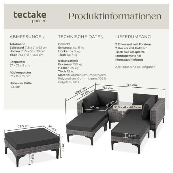 Rattan Lounge tectake Bellaria mit Sicherheitsglasplatte mit Aluminiumgestell grau