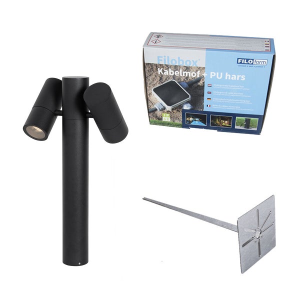 Gartenleuchten-Set bestehend aus einer schwarzen Außenstandleuchte mit zwei Spots, einer Kabelmuffe Filobox und einem Erdspieß.