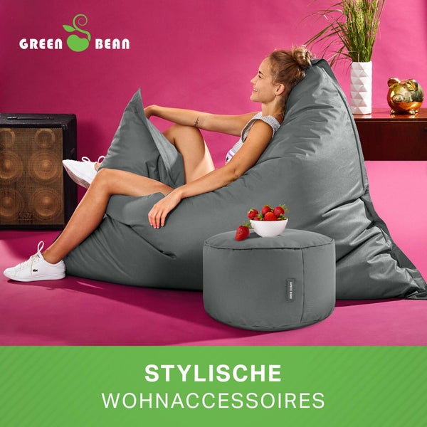 Green Bean 2er Set XXL Sitzsack inkl. Pouf fertig befüllt mit EPS-Perlen - Riesensitzsack 140x180 Lounge Sitz-Kissen Bean-Bag Chair  - Grau
